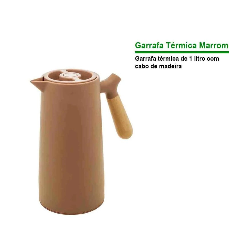 Garrafa Térmica Marrom 1L Cabo de Madeira