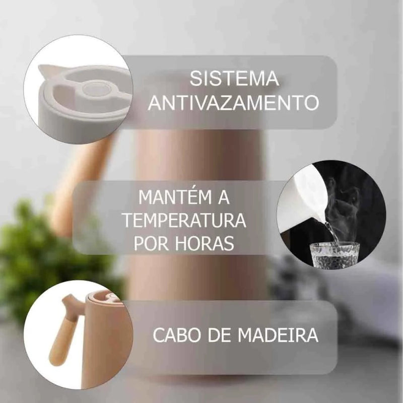 Garrafa Térmica Marrom 1L Cabo de Madeira