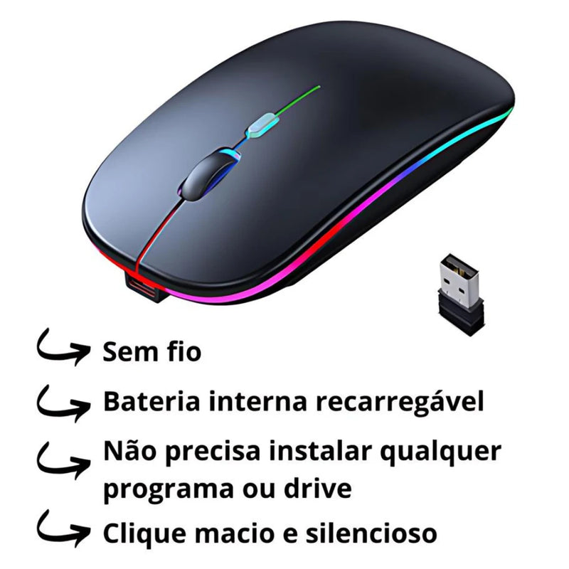 Mouse Wireless Recarregável com LED RGB – Silencioso e Ergonomicamente Projetado