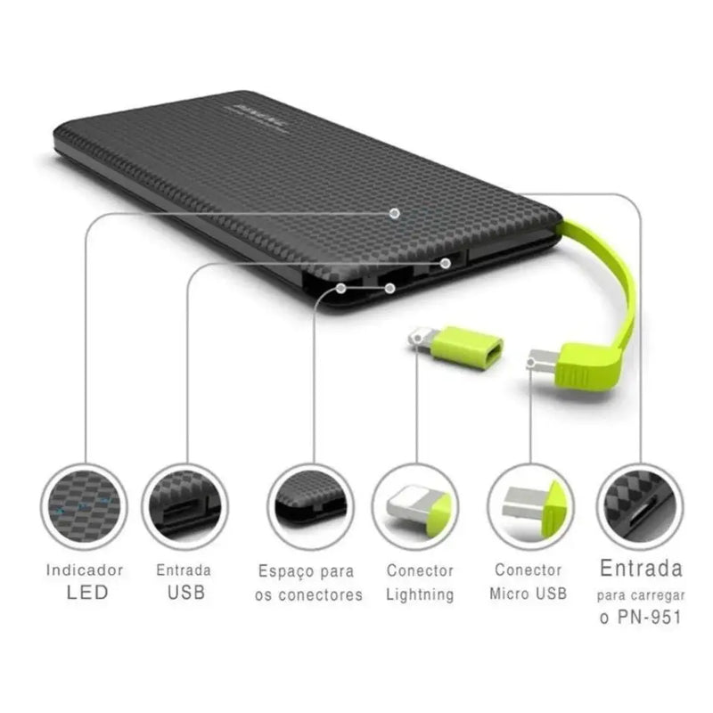 Power Bank Pineng 10.000mAh Portátil com Cabos Integrados – Compatível com iPhone e Android